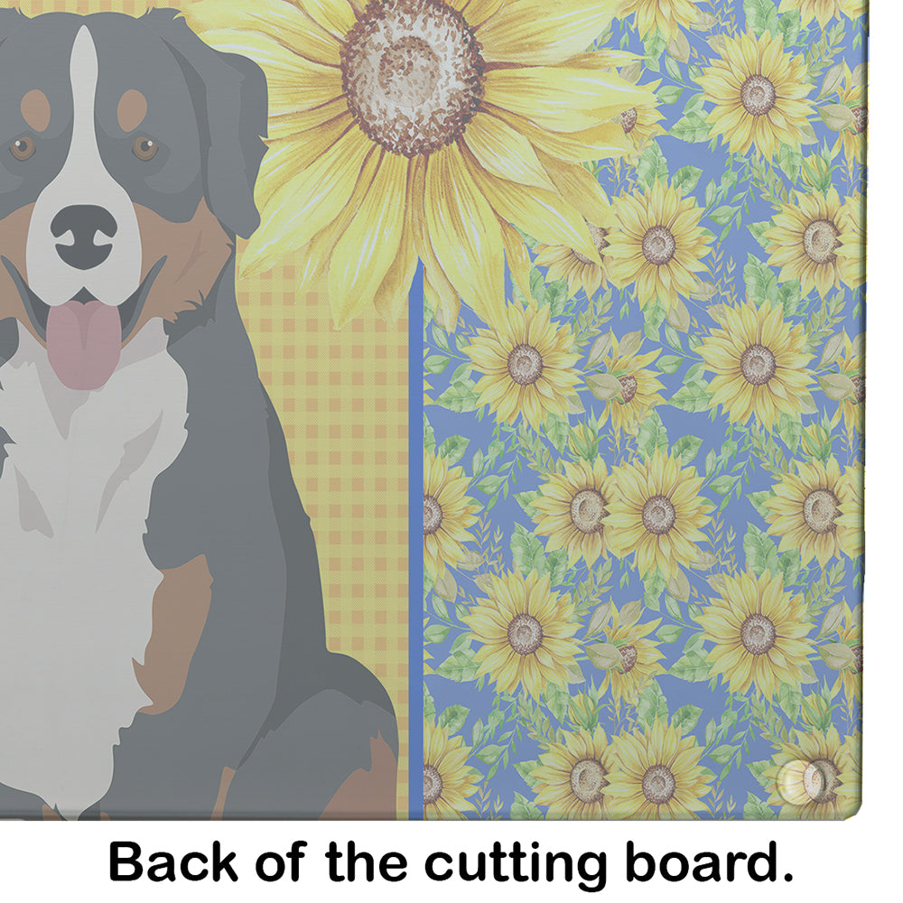 Summer Sunflowers Bernese Mountain Dog Cutting Board Tempered Glass Kitchen Cutting Surface, Heat Resistant Chopping, Non-Slip Feet, Food Prep & Serving