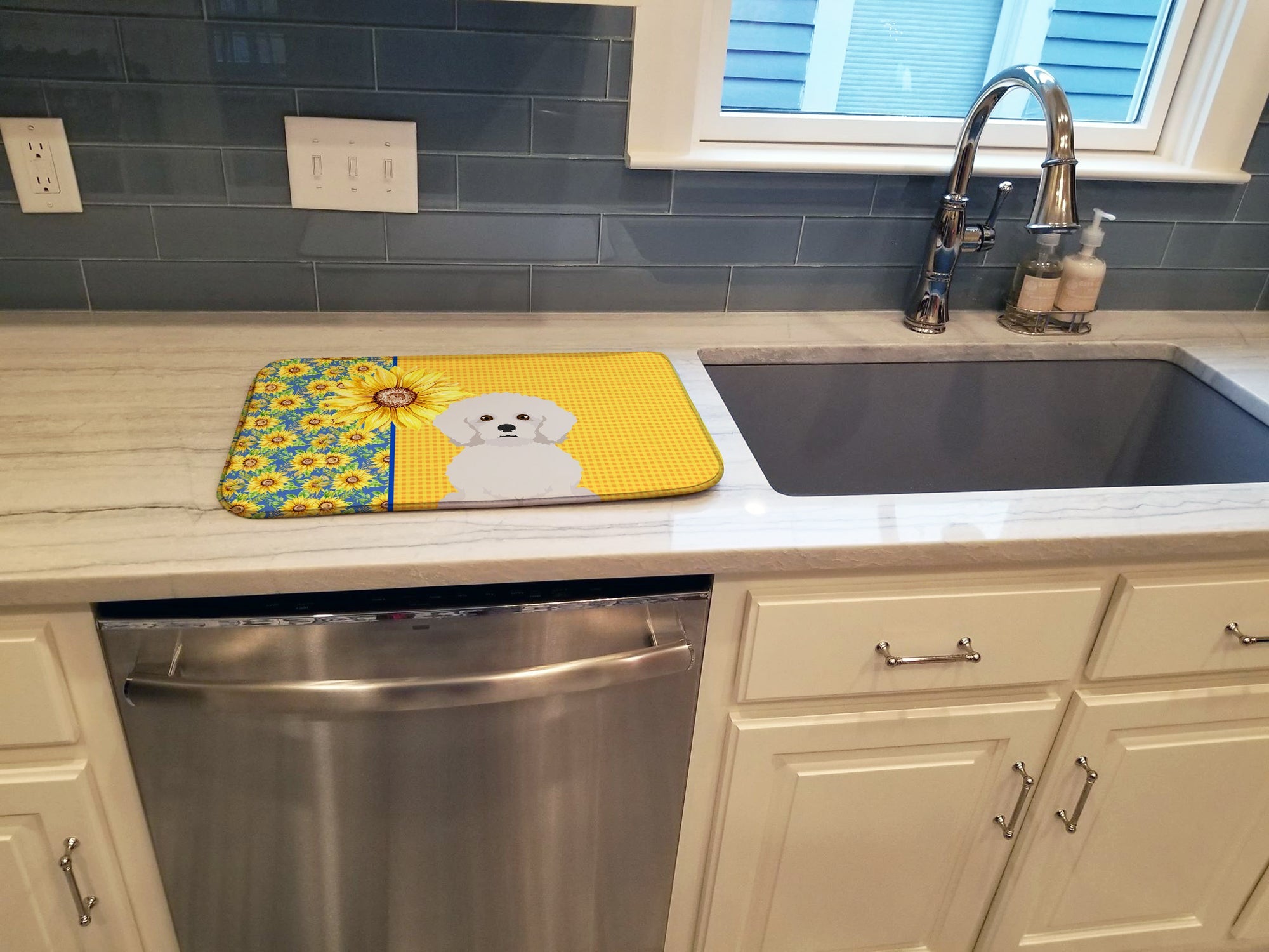 Summer Sunflowers Bichon Frise Dish Drying Mat Absorbent Dish Drying Mat Pad for Kitchen Counter Dish Drainer Mat for Countertop, 14 x 21", Multicolor