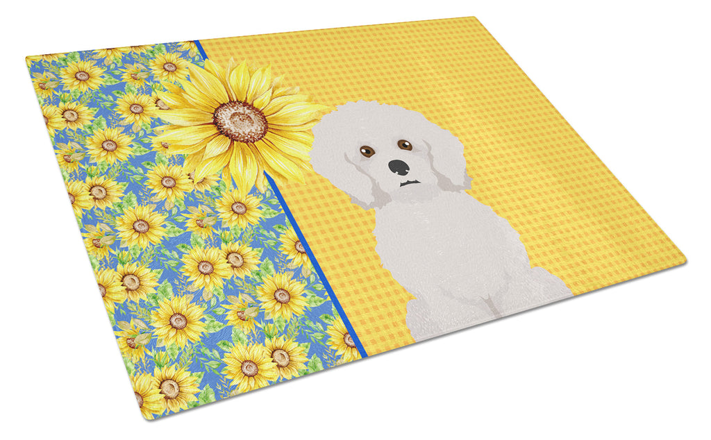 Summer Sunflowers Bichon Frise Cutting Board Tempered Glass Kitchen Cutting Surface, Heat Resistant Chopping, Non-Slip Feet, Food Prep & Serving