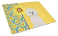 Summer Sunflowers Bichon Frise Cutting Board Tempered Glass Kitchen Cutting Surface, Heat Resistant Chopping, Non-Slip Feet, Food Prep & Serving