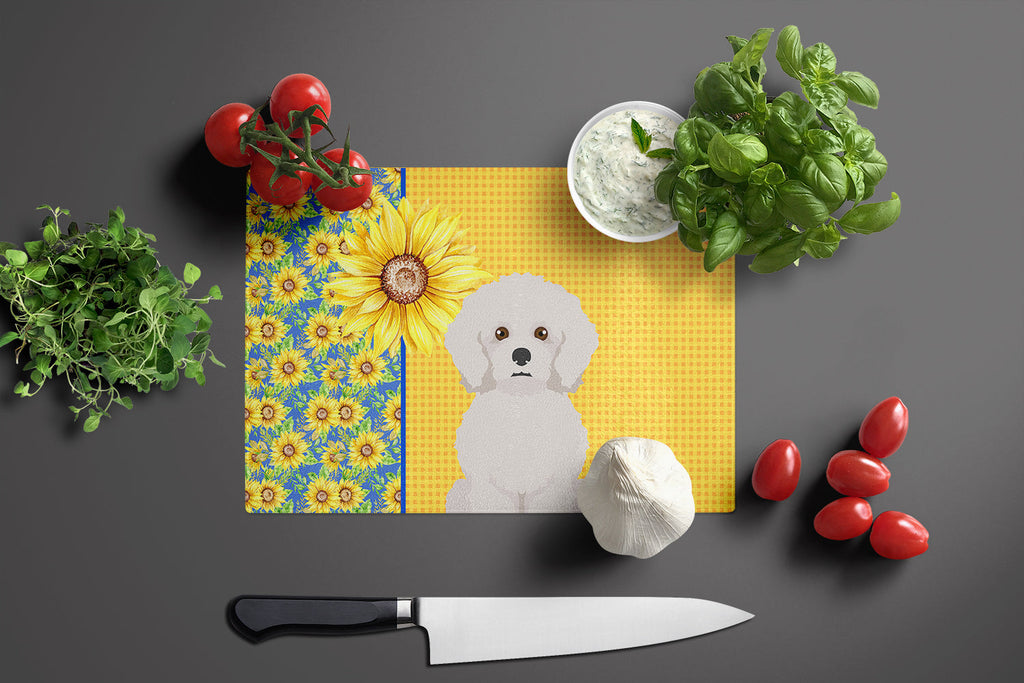 Summer Sunflowers Bichon Frise Cutting Board Tempered Glass Kitchen Cutting Surface, Heat Resistant Chopping, Non-Slip Feet, Food Prep & Serving