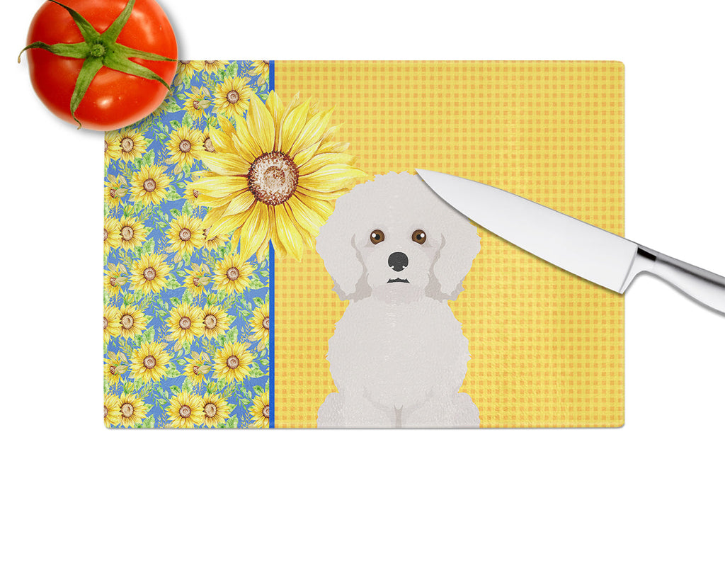 Summer Sunflowers Bichon Frise Cutting Board Tempered Glass Kitchen Cutting Surface, Heat Resistant Chopping, Non-Slip Feet, Food Prep & Serving