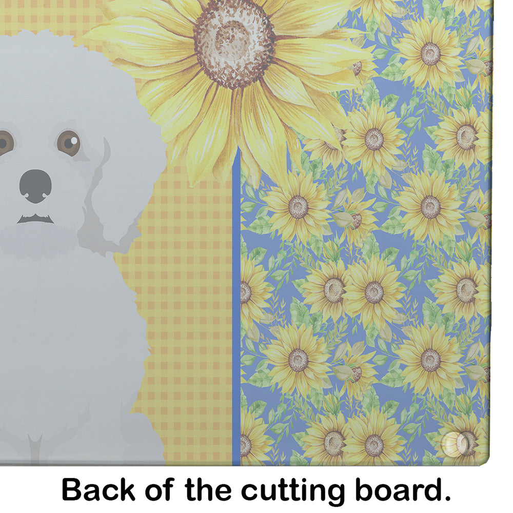 Summer Sunflowers Bichon Frise Cutting Board Tempered Glass Kitchen Cutting Surface, Heat Resistant Chopping, Non-Slip Feet, Food Prep & Serving