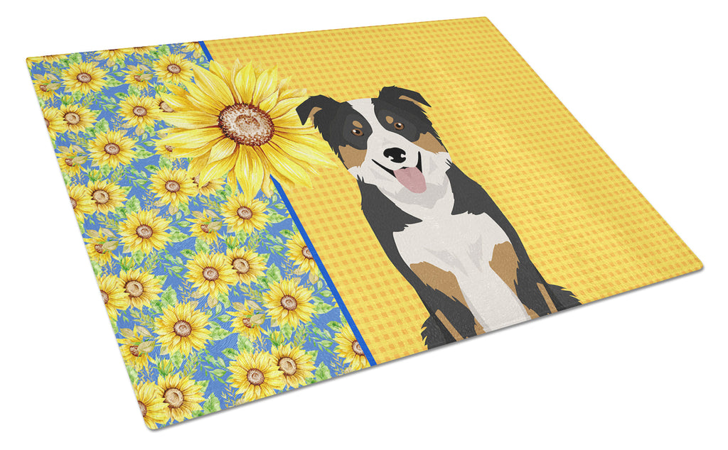 Summer Sunflowers Tricolor Border Collie Cutting Board Tempered Glass Kitchen Cutting Surface, Heat Resistant Chopping, Non-Slip Feet, Food Prep & Serving