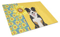 Summer Sunflowers Tricolor Border Collie Cutting Board Tempered Glass Kitchen Cutting Surface, Heat Resistant Chopping, Non-Slip Feet, Food Prep & Serving
