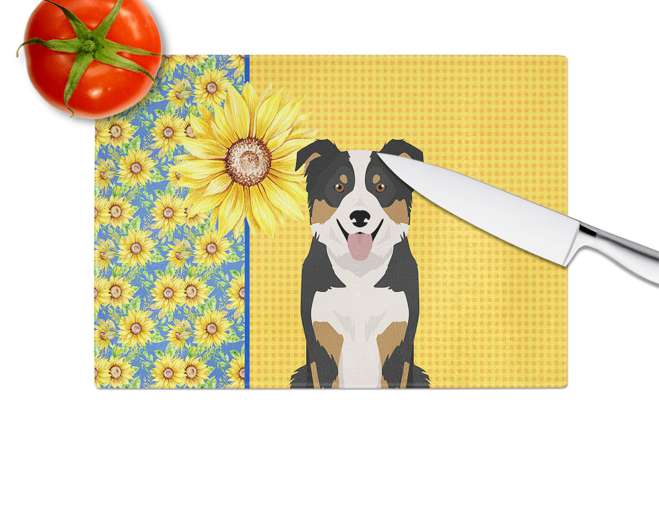 Summer Sunflowers Tricolor Border Collie Cutting Board Tempered Glass Kitchen Cutting Surface, Heat Resistant Chopping, Non-Slip Feet, Food Prep & Serving