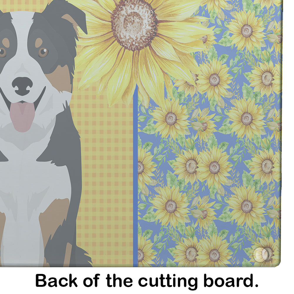 Summer Sunflowers Tricolor Border Collie Cutting Board Tempered Glass Kitchen Cutting Surface, Heat Resistant Chopping, Non-Slip Feet, Food Prep & Serving