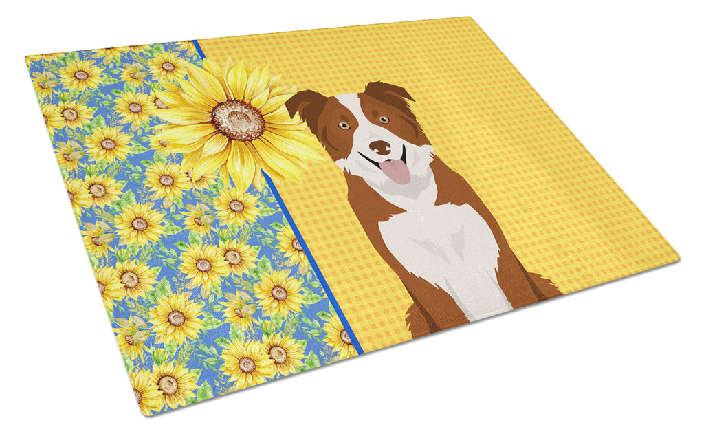 Summer Sunflowers Red and White Border Collie Cutting Board Tempered Glass Kitchen Cutting Surface, Heat Resistant Chopping, Non-Slip Feet, Food Prep & Serving