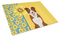 Summer Sunflowers Red and White Border Collie Cutting Board Tempered Glass Kitchen Cutting Surface, Heat Resistant Chopping, Non-Slip Feet, Food Prep & Serving