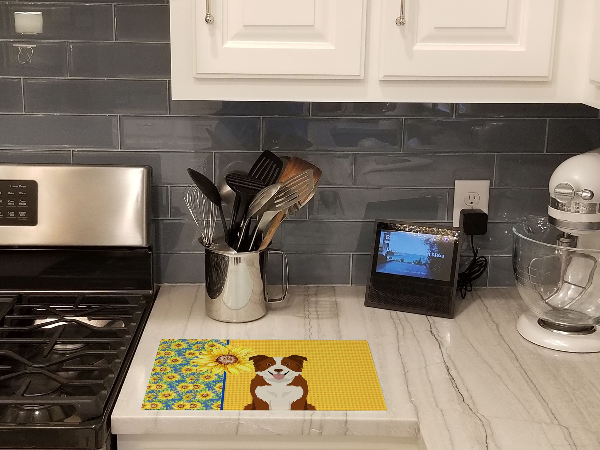 Summer Sunflowers Red and White Border Collie Cutting Board Tempered Glass Kitchen Cutting Surface, Heat Resistant Chopping, Non-Slip Feet, Food Prep & Serving
