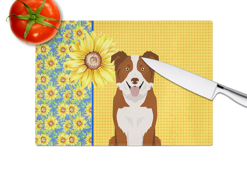 Summer Sunflowers Red and White Border Collie Cutting Board Tempered Glass Kitchen Cutting Surface, Heat Resistant Chopping, Non-Slip Feet, Food Prep & Serving