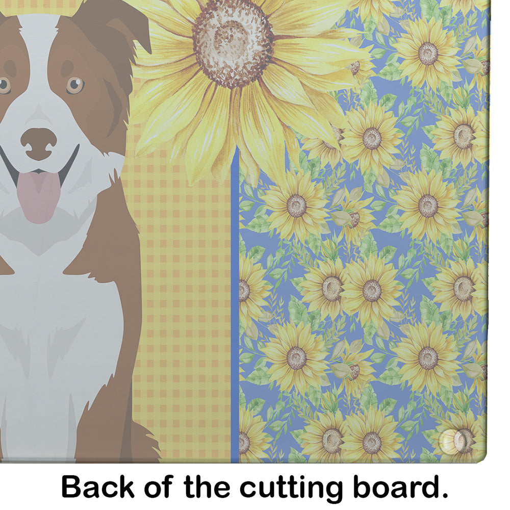 Summer Sunflowers Red and White Border Collie Cutting Board Tempered Glass Kitchen Cutting Surface, Heat Resistant Chopping, Non-Slip Feet, Food Prep & Serving