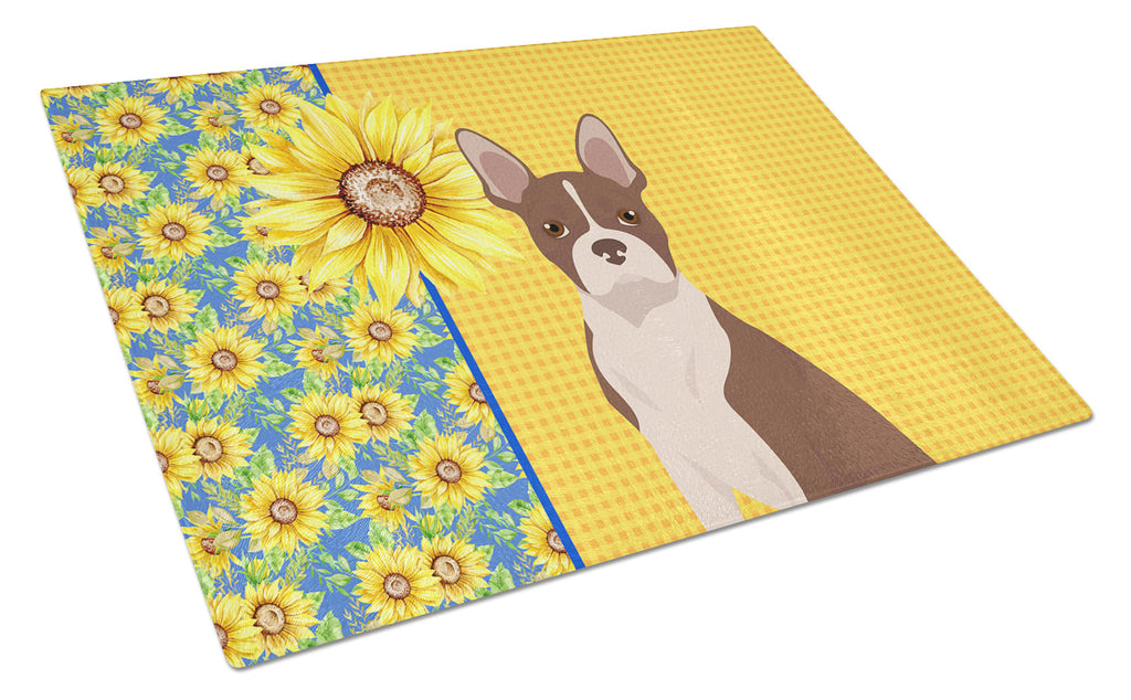 Summer Sunflowers Red Boston Terrier Cutting Board Tempered Glass Kitchen Cutting Surface, Heat Resistant Chopping, Non-Slip Feet, Food Prep & Serving