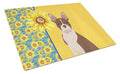 Summer Sunflowers Red Boston Terrier Cutting Board Tempered Glass Kitchen Cutting Surface, Heat Resistant Chopping, Non-Slip Feet, Food Prep & Serving
