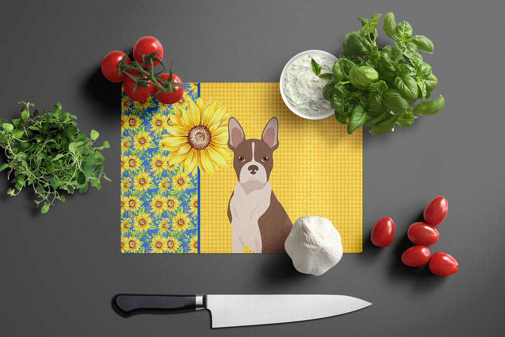 Summer Sunflowers Red Boston Terrier Cutting Board Tempered Glass Kitchen Cutting Surface, Heat Resistant Chopping, Non-Slip Feet, Food Prep & Serving