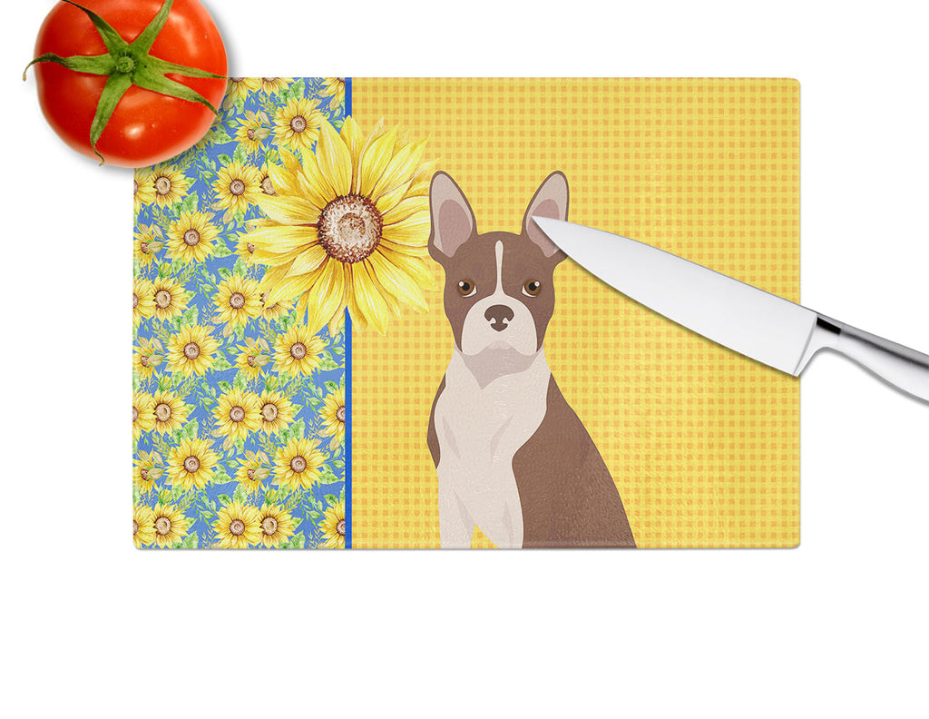 Summer Sunflowers Red Boston Terrier Cutting Board Tempered Glass Kitchen Cutting Surface, Heat Resistant Chopping, Non-Slip Feet, Food Prep & Serving