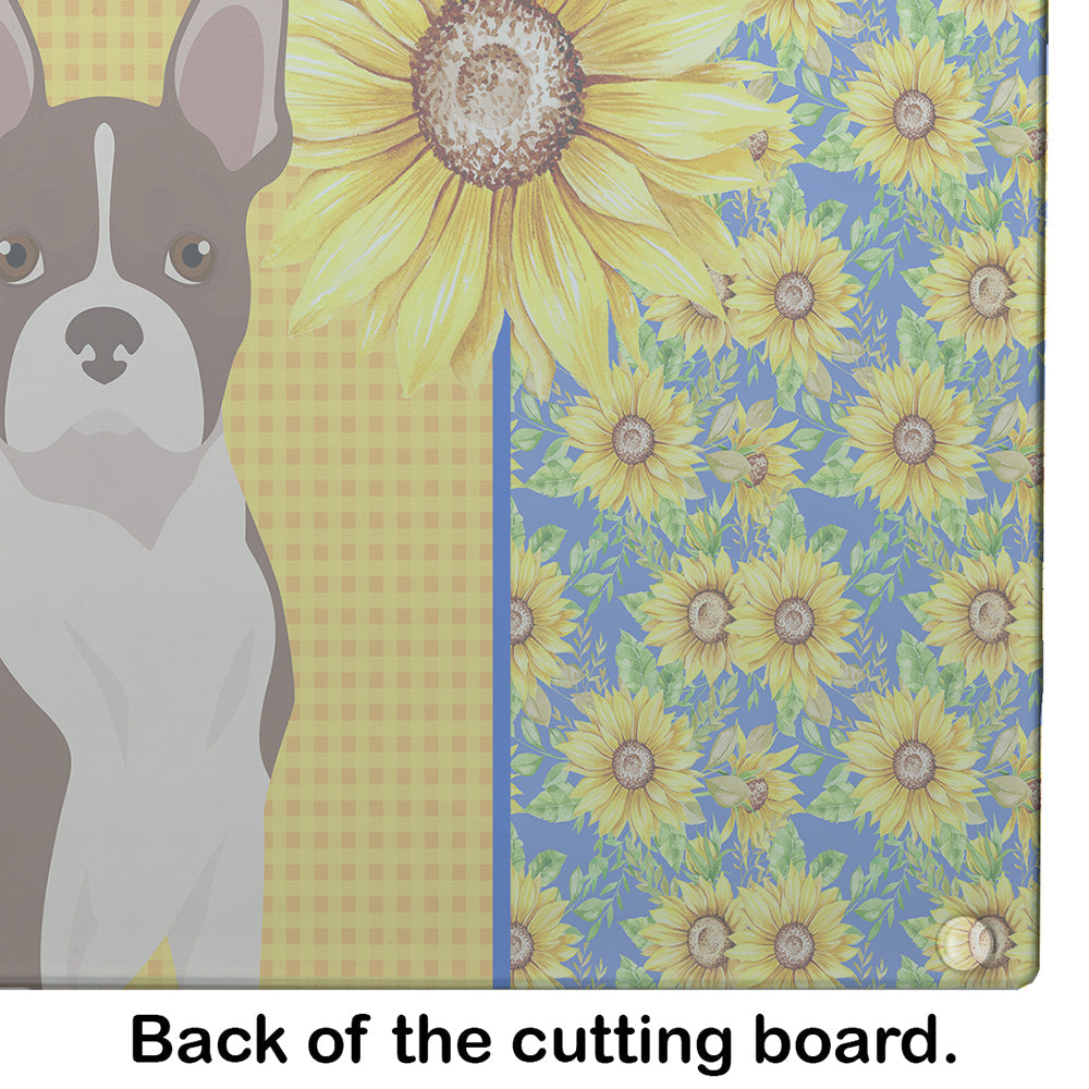Summer Sunflowers Red Boston Terrier Cutting Board Tempered Glass Kitchen Cutting Surface, Heat Resistant Chopping, Non-Slip Feet, Food Prep & Serving