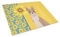 Summer Sunflowers Fawn Boston Terrier Cutting Board Tempered Glass Kitchen Cutting Surface, Heat Resistant Chopping, Non-Slip Feet, Food Prep & Serving