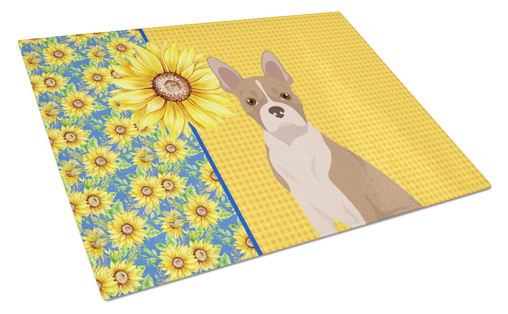 Summer Sunflowers Fawn Boston Terrier Cutting Board Tempered Glass Kitchen Cutting Surface, Heat Resistant Chopping, Non-Slip Feet, Food Prep & Serving