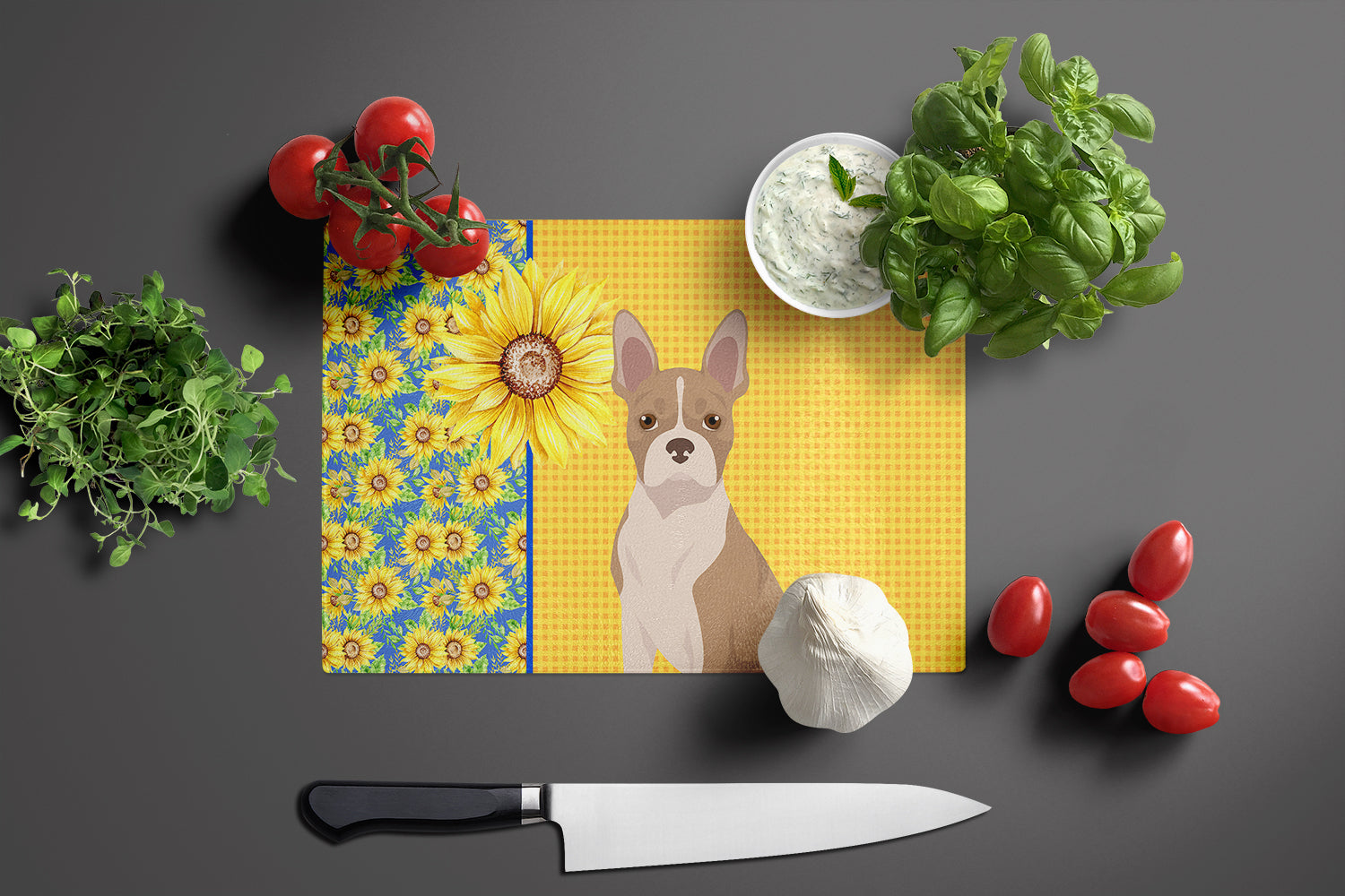 Summer Sunflowers Fawn Boston Terrier Cutting Board Tempered Glass Kitchen Cutting Surface, Heat Resistant Chopping, Non-Slip Feet, Food Prep & Serving