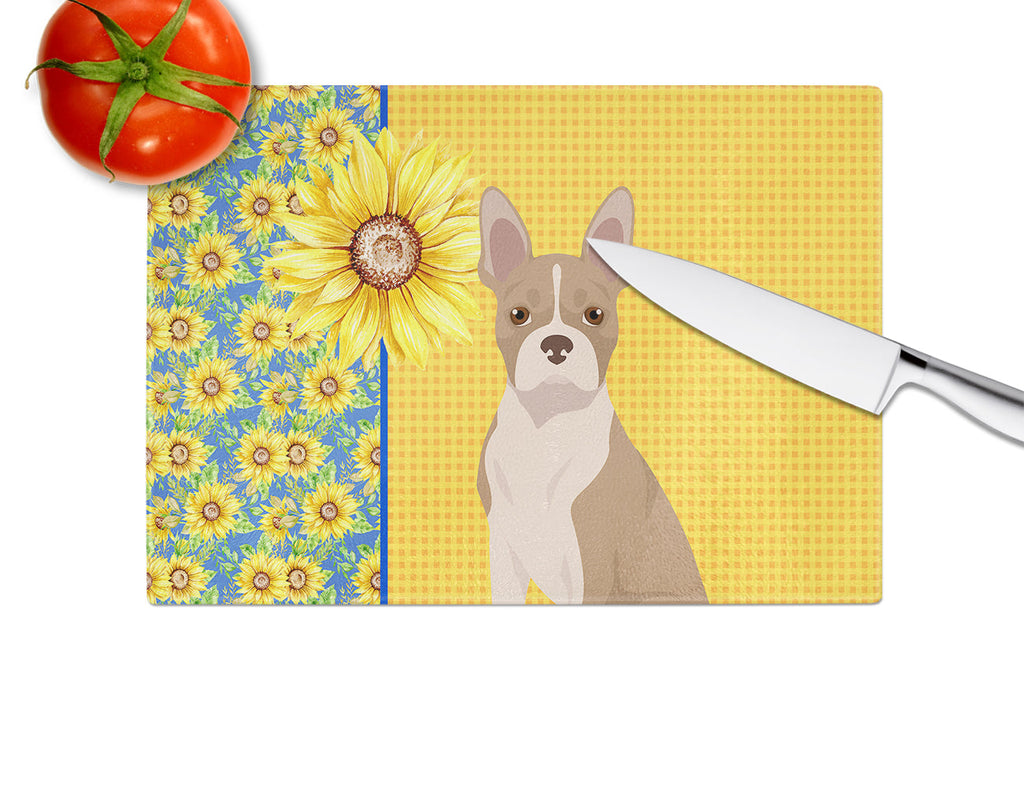 Summer Sunflowers Fawn Boston Terrier Cutting Board Tempered Glass Kitchen Cutting Surface, Heat Resistant Chopping, Non-Slip Feet, Food Prep & Serving