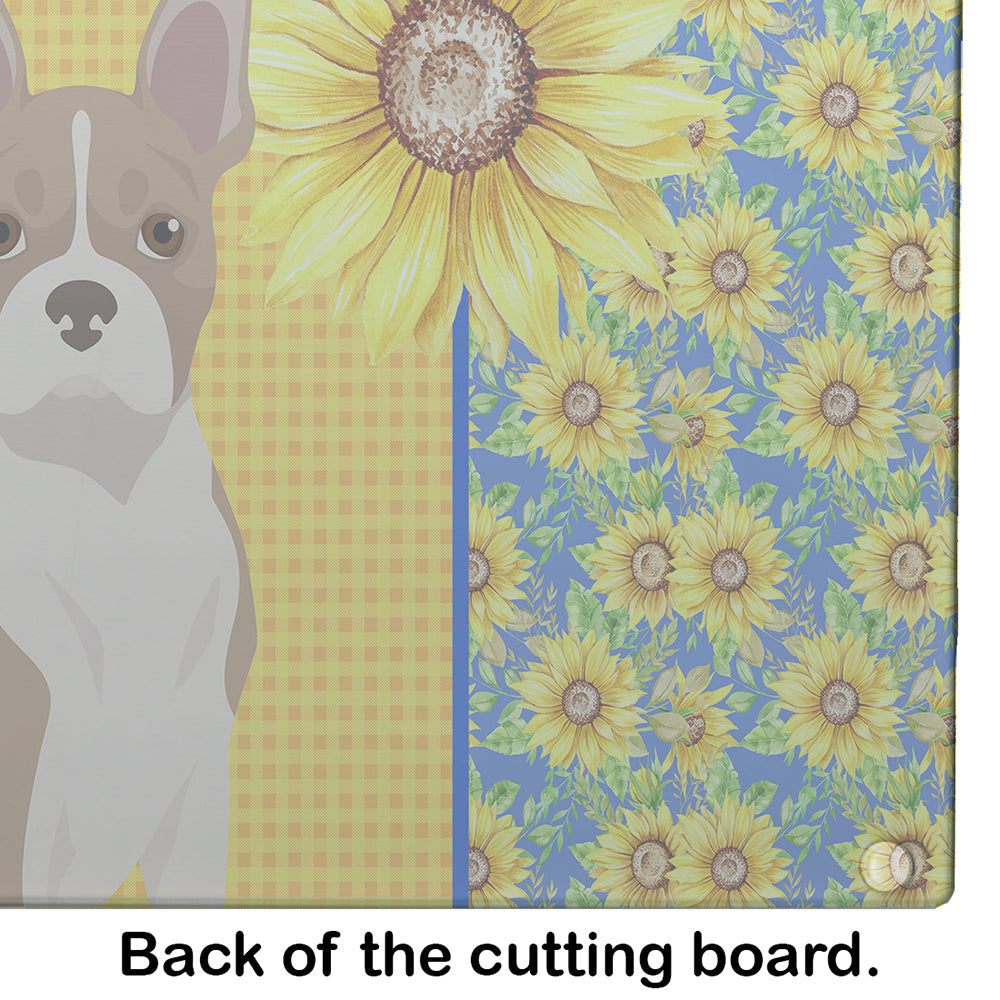 Summer Sunflowers Fawn Boston Terrier Cutting Board Tempered Glass Kitchen Cutting Surface, Heat Resistant Chopping, Non-Slip Feet, Food Prep & Serving