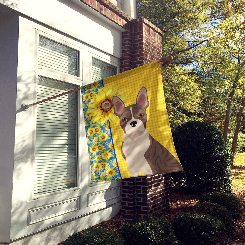 Summer Sunflowers Brindle Boston Terrier House Flag 28x40 Porch Sleeve Pole Decorative Outside Yard Banner Artwork Wall Hanging, Polyester