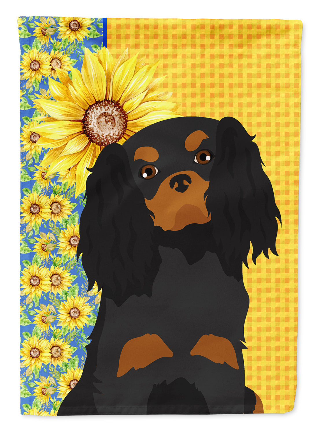 Summer Sunflowers Black and Tan Cavalier Spaniel House Flag 28x40 Porch Sleeve Pole Decorative Outside Yard Banner Artwork Wall Hanging, Polyester