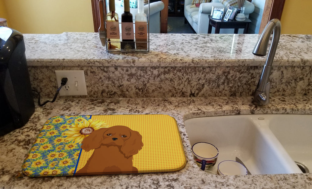 Summer Sunflowers Ruby Cavalier Spaniel Dish Drying Mat Absorbent Dish Drying Mat Pad for Kitchen Counter Dish Drainer Mat for Countertop, 14 x 21", Multicolor