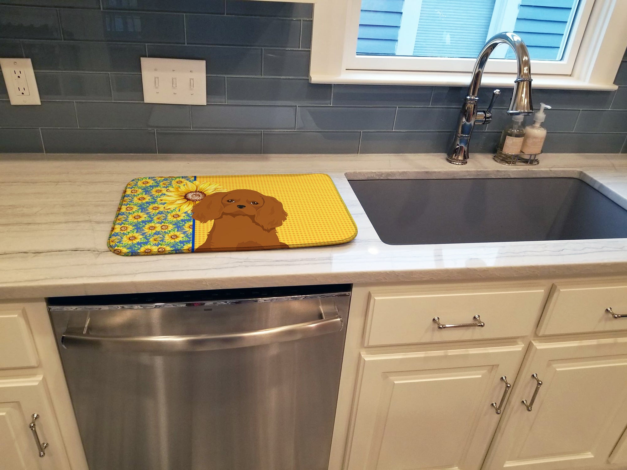 Summer Sunflowers Ruby Cavalier Spaniel Dish Drying Mat Absorbent Dish Drying Mat Pad for Kitchen Counter Dish Drainer Mat for Countertop, 14 x 21", Multicolor