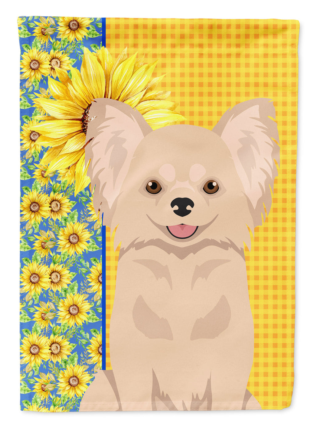 Summer Sunflowers Longhaired Cream Chihuahua House Flag 28x40 Porch Sleeve Pole Decorative Outside Yard Banner Artwork Wall Hanging, Polyester
