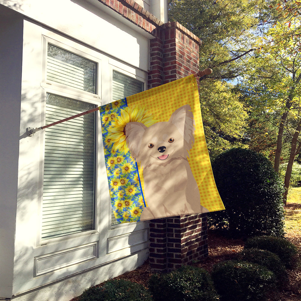 Summer Sunflowers Longhaired Cream Chihuahua House Flag 28x40 Porch Sleeve Pole Decorative Outside Yard Banner Artwork Wall Hanging, Polyester