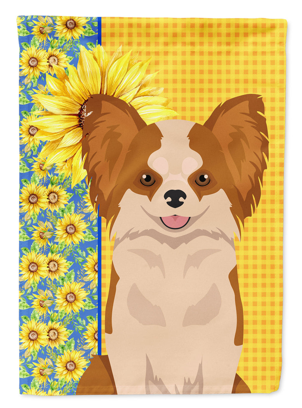 Summer Sunflowers Longhaired Red and White Chihuahua House Flag 28x40 Porch Sleeve Pole Decorative Outside Yard Banner Artwork Wall Hanging, Polyester