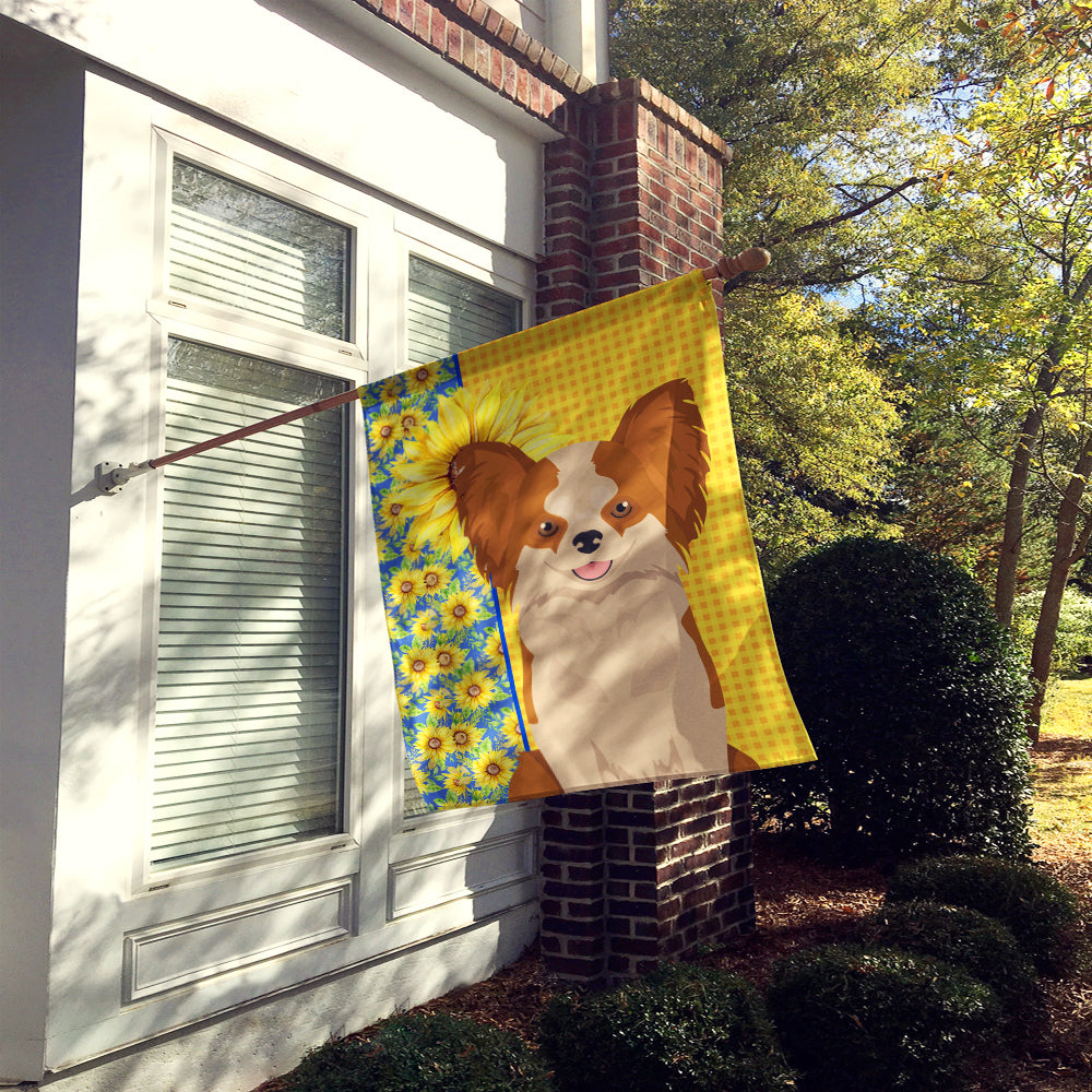 Summer Sunflowers Longhaired Red and White Chihuahua House Flag 28x40 Porch Sleeve Pole Decorative Outside Yard Banner Artwork Wall Hanging, Polyester