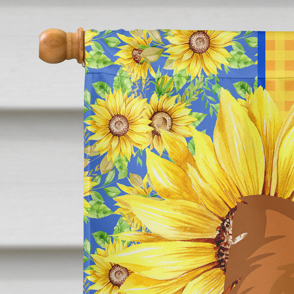 Summer Sunflowers Longhaired Red and White Chihuahua House Flag 28x40 Porch Sleeve Pole Decorative Outside Yard Banner Artwork Wall Hanging, Polyester