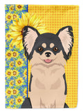 Summer Sunflowers Longhaired Black and White Chihuahua House Flag 28x40 Porch Sleeve Pole Decorative Outside Yard Banner Artwork Wall Hanging, Polyester
