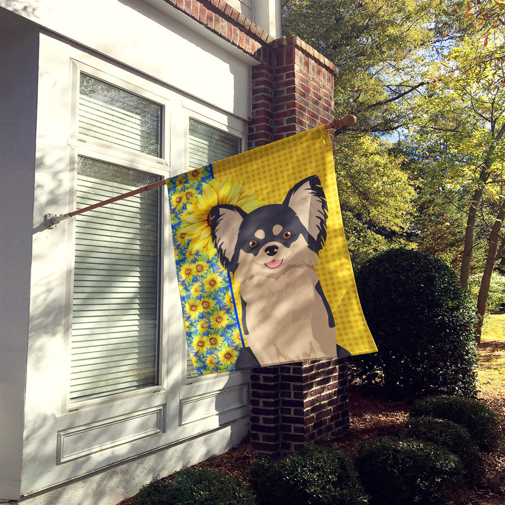 Summer Sunflowers Longhaired Black and White Chihuahua House Flag 28x40 Porch Sleeve Pole Decorative Outside Yard Banner Artwork Wall Hanging, Polyester