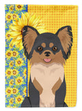 Summer Sunflowers Longhaired Black and Tan Chihuahua House Flag 28x40 Porch Sleeve Pole Decorative Outside Yard Banner Artwork Wall Hanging, Polyester
