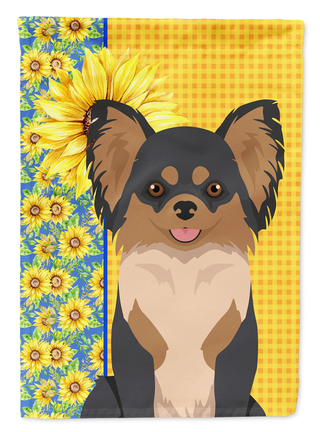 Summer Sunflowers Longhaired Black and Tan Chihuahua House Flag 28x40 Porch Sleeve Pole Decorative Outside Yard Banner Artwork Wall Hanging, Polyester