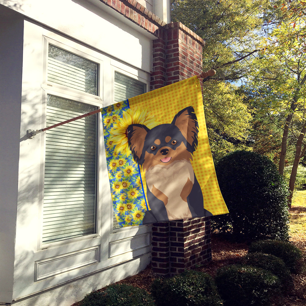 Summer Sunflowers Longhaired Black and Tan Chihuahua House Flag 28x40 Porch Sleeve Pole Decorative Outside Yard Banner Artwork Wall Hanging, Polyester