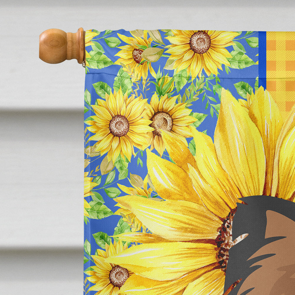 Summer Sunflowers Longhaired Black and Tan Chihuahua House Flag 28x40 Porch Sleeve Pole Decorative Outside Yard Banner Artwork Wall Hanging, Polyester