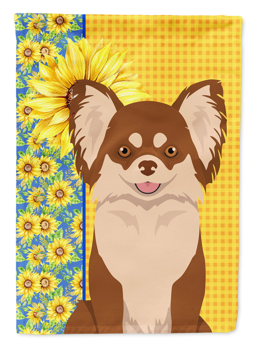 Summer Sunflowers Longhaired Chocolate and White Chihuahua House Flag 28x40 Porch Sleeve Pole Decorative Outside Yard Banner Artwork Wall Hanging, Polyester