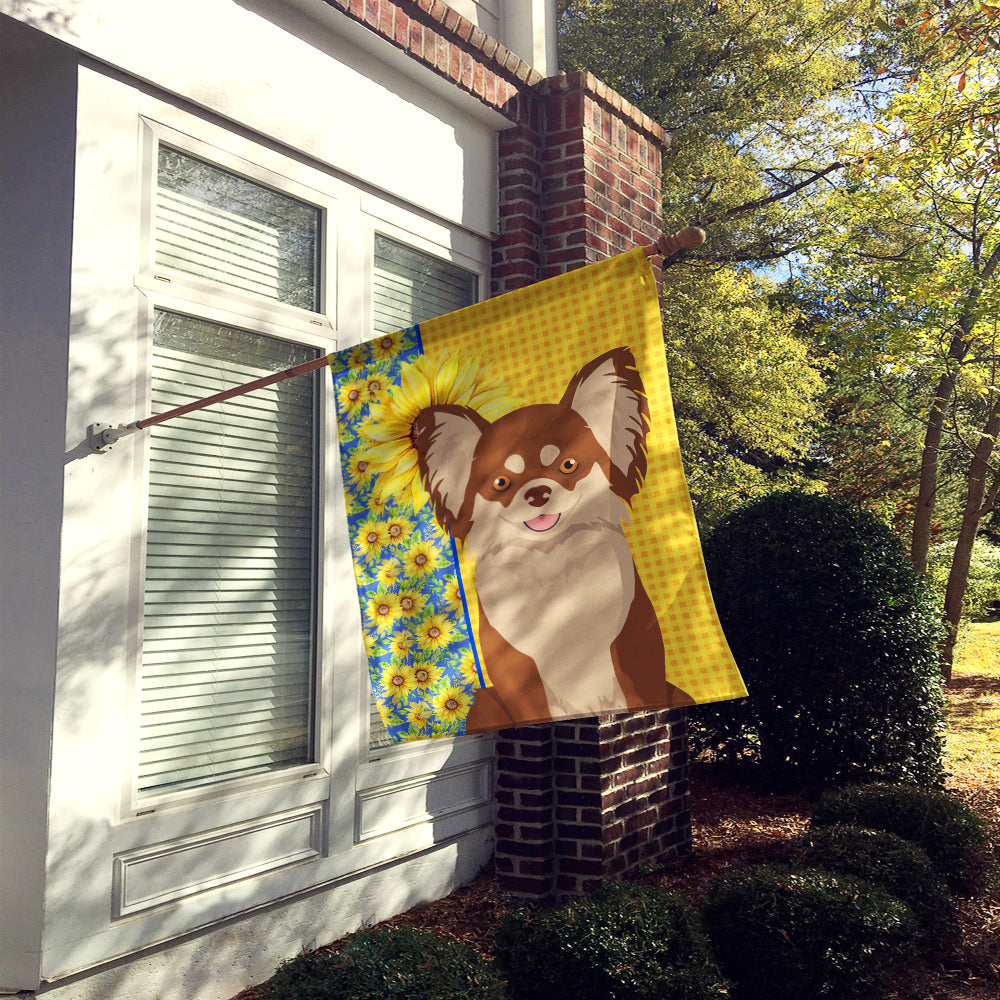 Summer Sunflowers Longhaired Chocolate and White Chihuahua House Flag 28x40 Porch Sleeve Pole Decorative Outside Yard Banner Artwork Wall Hanging, Polyester