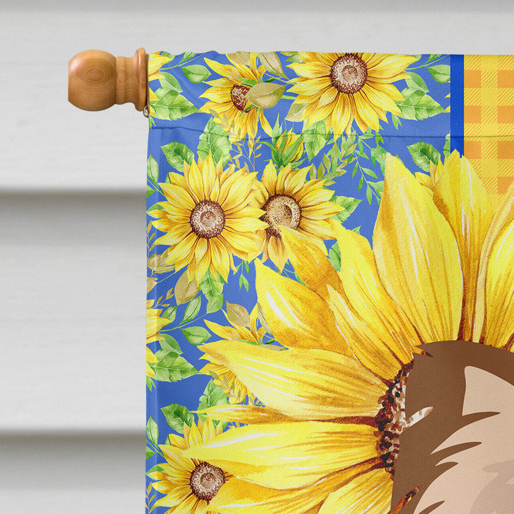 Summer Sunflowers Longhaired Chocolate and White Chihuahua House Flag 28x40 Porch Sleeve Pole Decorative Outside Yard Banner Artwork Wall Hanging, Polyester
