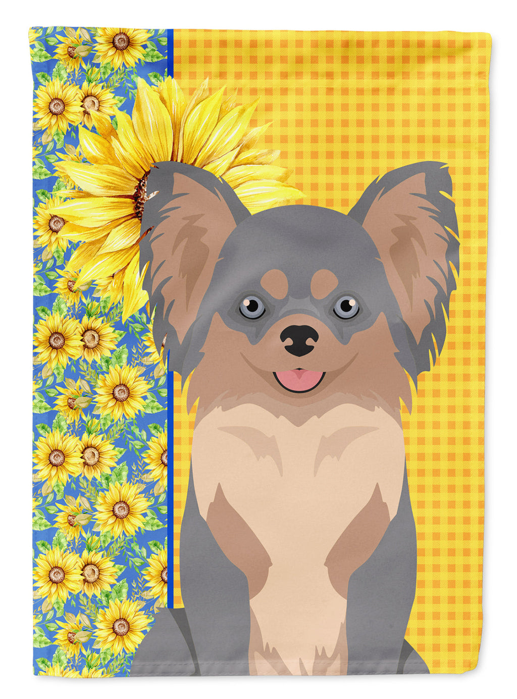 Summer Sunflowers Longhaired Blue and Tan Chihuahua House Flag 28x40 Porch Sleeve Pole Decorative Outside Yard Banner Artwork Wall Hanging, Polyester