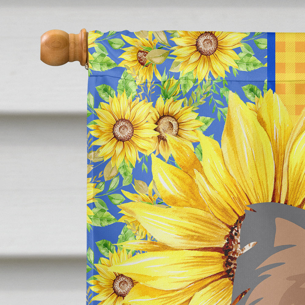 Summer Sunflowers Longhaired Blue and Tan Chihuahua House Flag 28x40 Porch Sleeve Pole Decorative Outside Yard Banner Artwork Wall Hanging, Polyester