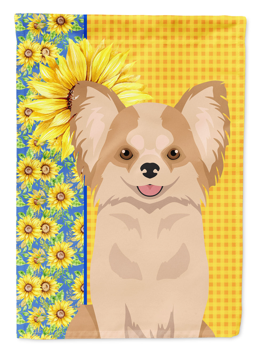 Summer Sunflowers Longhaired Gold and White Chihuahua House Flag 28x40 Porch Sleeve Pole Decorative Outside Yard Banner Artwork Wall Hanging, Polyester