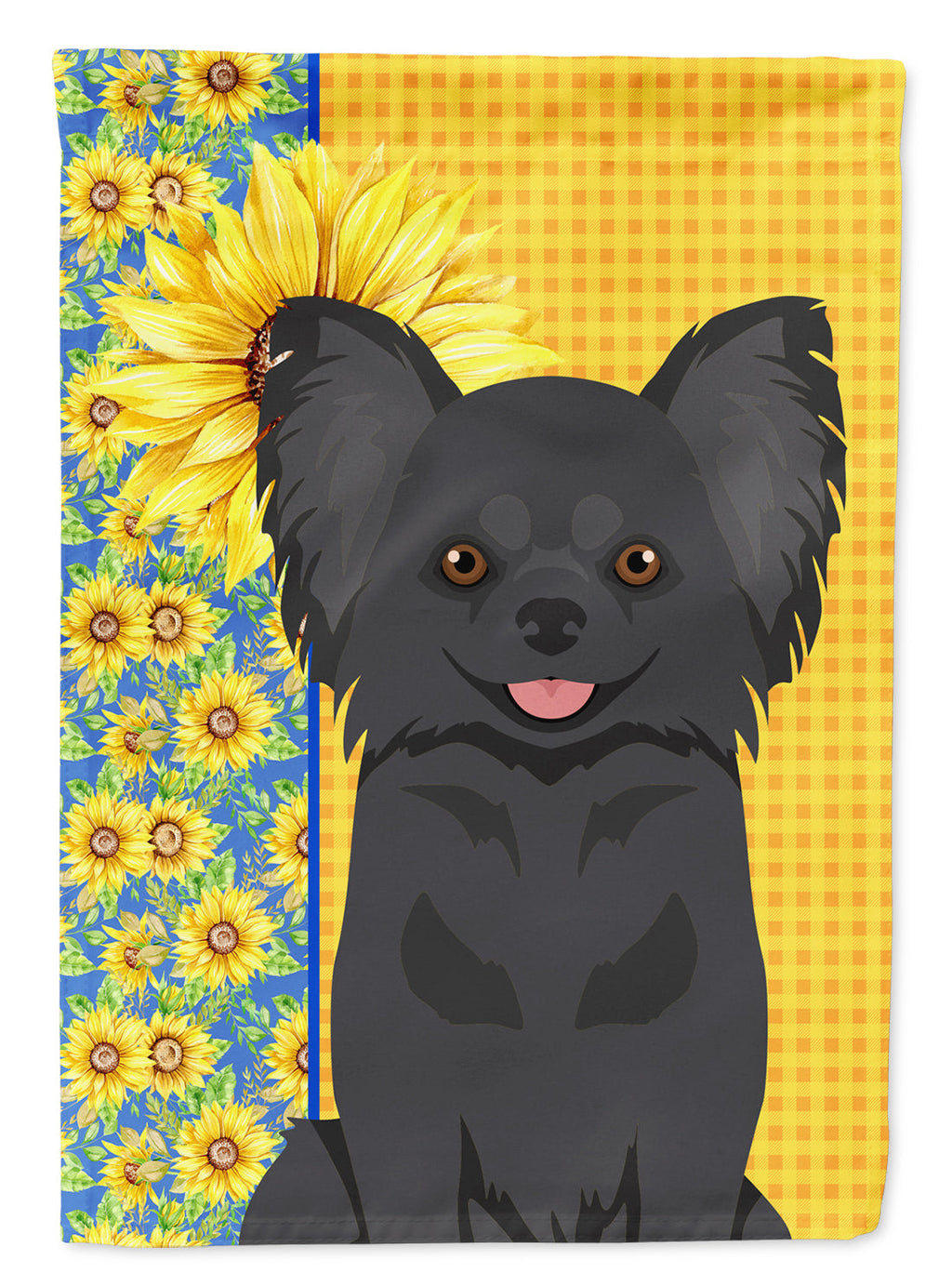 Summer Sunflowers Longhaired Black Chihuahua House Flag 28x40 Porch Sleeve Pole Decorative Outside Yard Banner Artwork Wall Hanging, Polyester