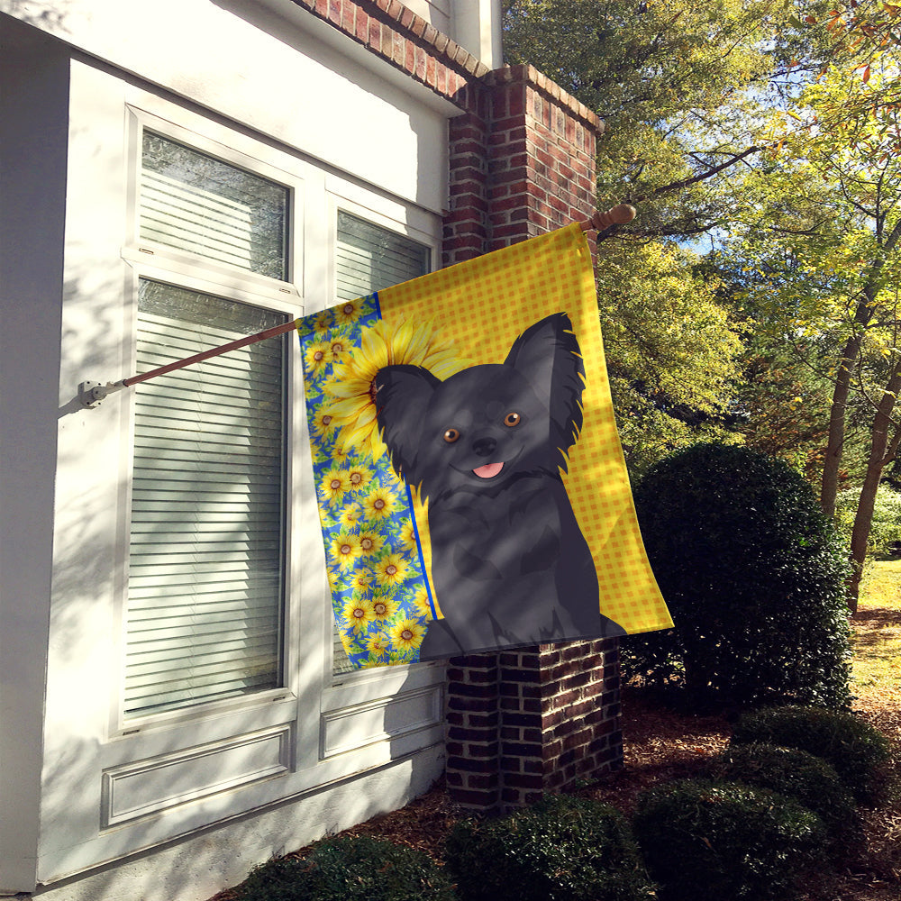 Summer Sunflowers Longhaired Black Chihuahua House Flag 28x40 Porch Sleeve Pole Decorative Outside Yard Banner Artwork Wall Hanging, Polyester
