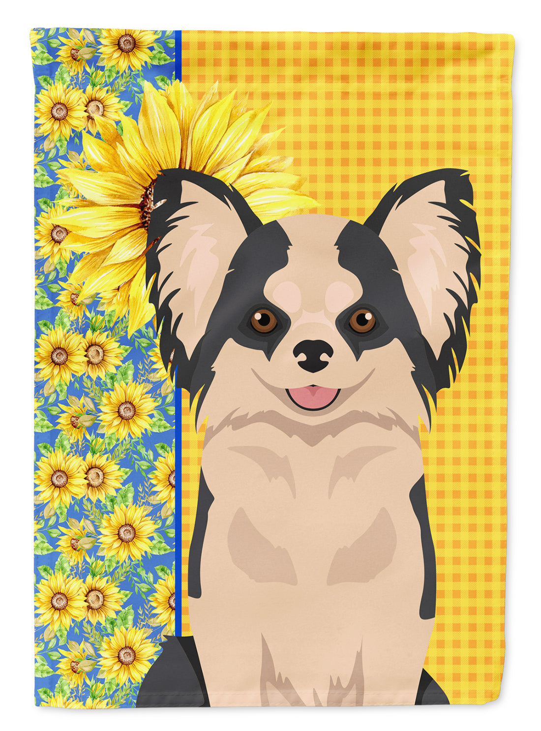 Summer Sunflowers Longhaired Black and White #2 Chihuahua House Flag 28x40 Porch Sleeve Pole Decorative Outside Yard Banner Artwork Wall Hanging, Polyester